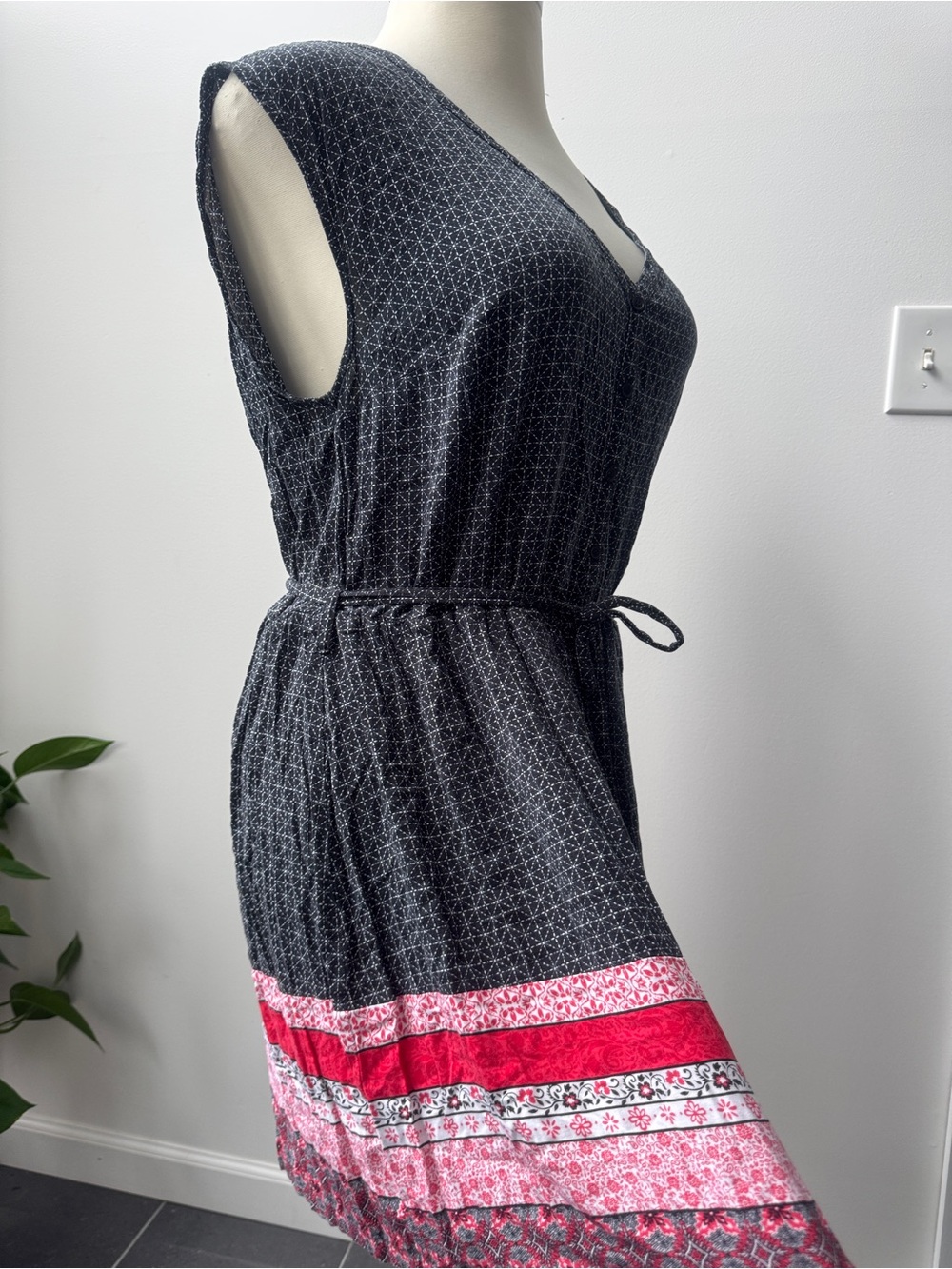 Torrid Sleeveless V-Neck Button Front Romper with Pink Border - Picture 7 of 8
